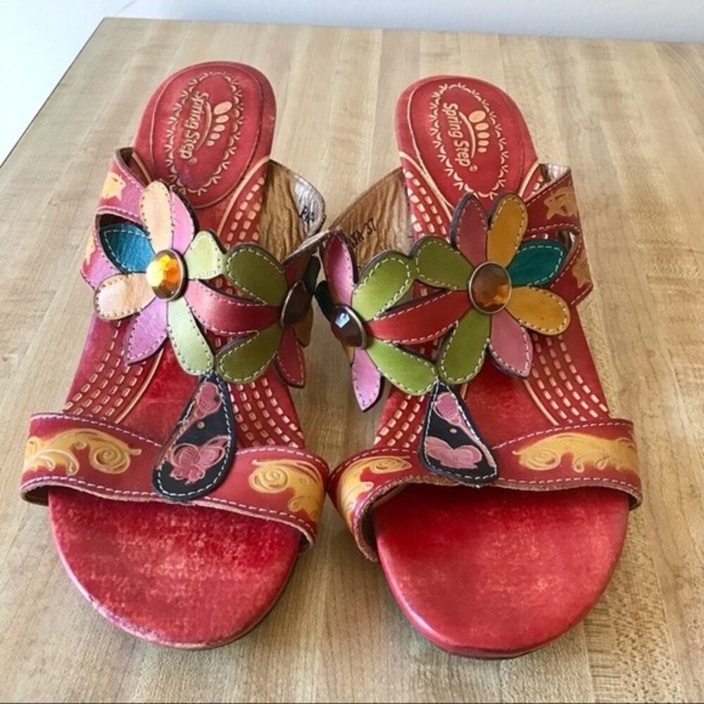 SPRING STEP Red Floral Leather Sandals Papaya Size 37 - Picture 2 of 7